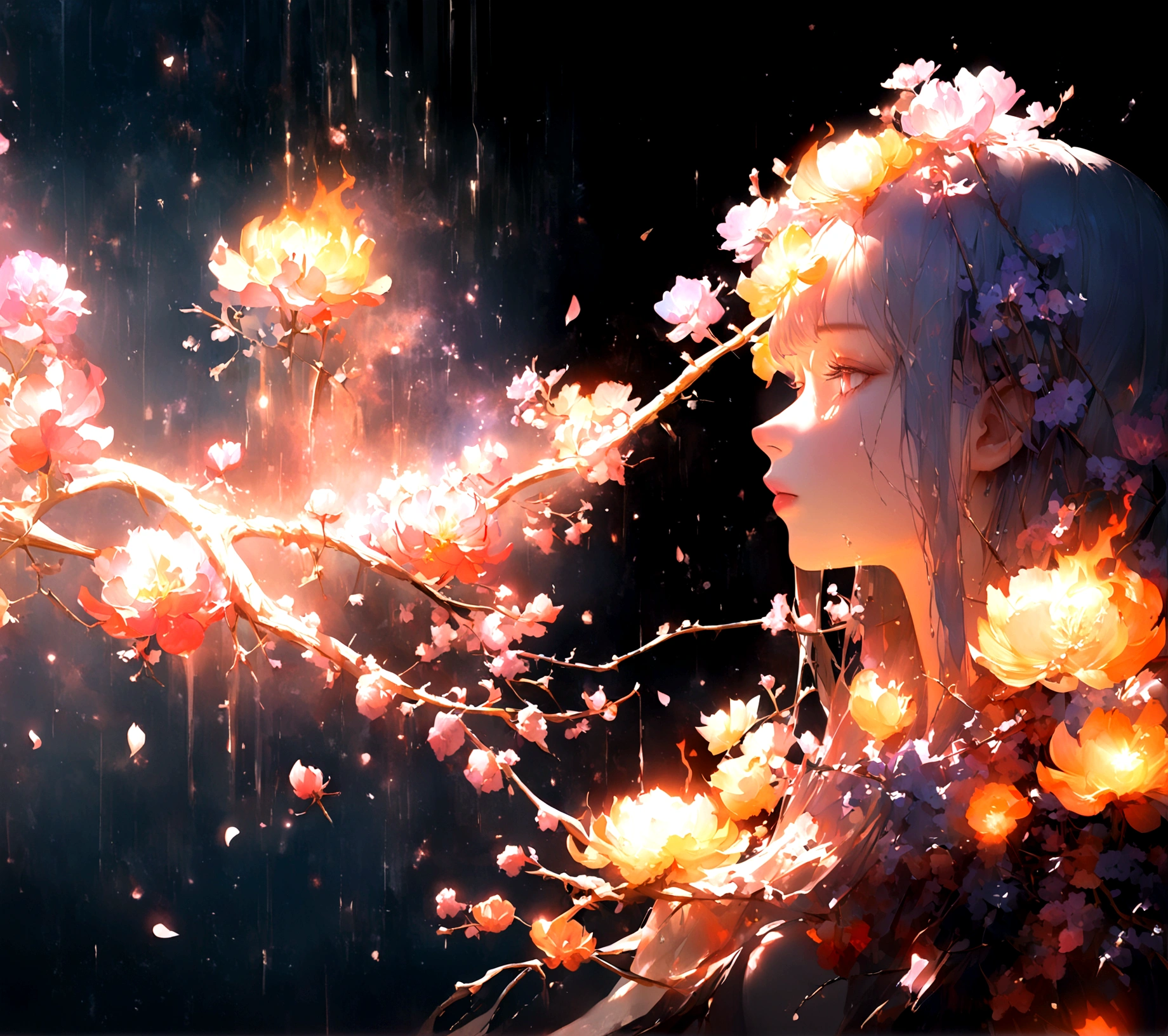 Delicate lilac branches, Ultra-transparent, holy Light, beautiful spectral Light, Petals Fire Flame, Flash, Dark background, drops of transparent Light, reflective Light, bright, Light streaming in, Light学, Portrait Profile, Clear focus, magic, complex, Surreal, fantasy, work, Light, Trending on Artstation, pearl, Silver Steam Guardian Cloud, Corrosion Envelope Ray Family, 8K, ureal ar 23v4 upLight, Fire background, Flame flower, firework