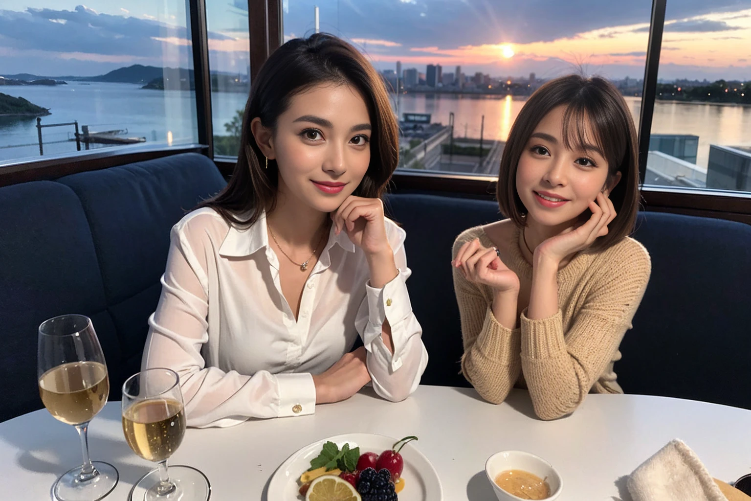 ((Highest quality、8K、masterpiece:1.3))、cute、Slim Couple、Model Couple、The best smile、Happy Smile、45 years old 42 years old、Shortcuts、Upper Body、(Realistic, Intricate details:1.2), Beautiful Model、Beautiful actress, (Brown Hair), (White skin),full-course dinner、Wine Party、Amazing view of the sunset sky and clouds、Sweet eye angle, Ultra HD 8K, Ultra-realistic, photograph, Cinematic, photograph, Wide-angle, Detailed Visuals, 3D Rendering, Soft texture, Realistic, Close up zoom in, (Front view), ((View your viewers)), Perfect corner angle, Thin lips, Natural Beauty, (soft and super White skin), Perfect Skin, (masterpiece), (Beautiful attention to detail), (Makes your face smaller), No makeup, Skinny Wine Bottle、Champagne、sparkling wine、Two beauties、Brown Hair、Shortcuts、Long sleeve shirt、dress、