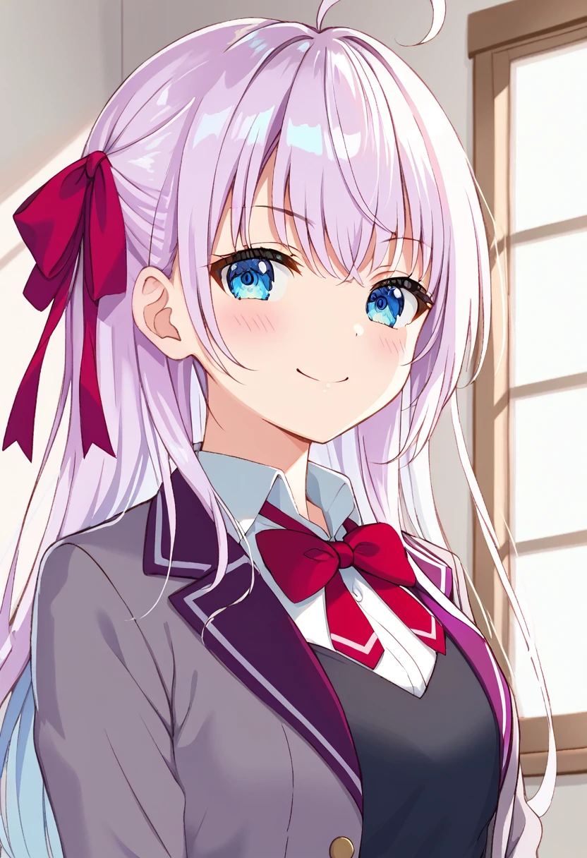 (masterpiece),(best quality),(ultra-detailed),(best illustration),(best shadow),(absurdres),(detailed background),(very aesthetic), alya(roshidere), white hair, long hair, bangs, blue eyes, hair ribbon, ahoge, red ribbon, skirt, shirt, long sleeves, bow, , jacket, white shirt, pleated skirt, collared shirt, bowtie, black skirt, red bow, red bowtie, blazer, grey blazer, long sleeves, upper body view, smile,