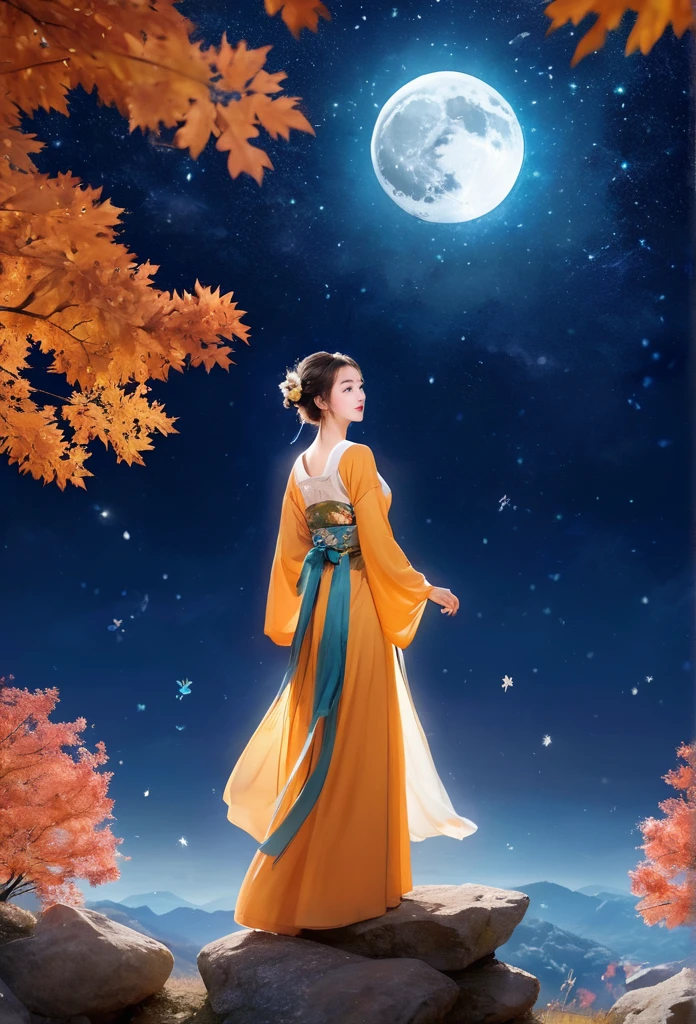 (masterpiece, best quality:1.2), full moon,The Great Moon,moonlight,1girl,Dynamic pose,Girl's posture,autumn leaves,black hair,cloud,constellation,flower,galaxy,lantern,leaf,light particles,long hair,long sleeves,night,Turn your back to the camera, look sideways, full body,Blue Hanfu,Mid to Long Range,Standing on the stone paved path,maple leaf,milky way,mountain,mountainous horizon,nature,night sky,orange flower,outdoors,sky,smile,solo,space,standing,star \(sky\),starry sky,starry sky print,tree,yellow flower,glow,Hazy light,Floodlight,Light effects,Optical particle,Luminous,High brightness contrast,XCYP Lady Hand,