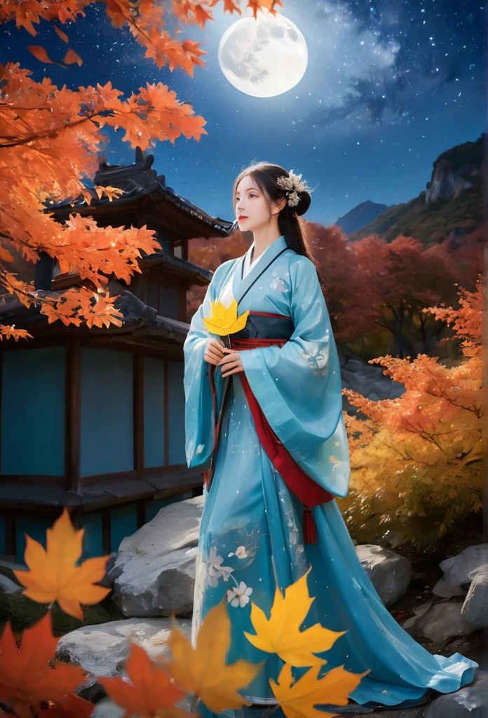 (masterpiece, best quality:1.2), full moon,The Great Moon,moonlight,1girl,Dynamic pose,Girl's posture,autumn leaves,black hair,cloud,constellation,flower,galaxy,lantern,leaf,light particles,long hair,long sleeves,night,Turn your back to the camera, look sideways, full body,Blue Hanfu,Mid to Long Range,Standing on the stone paved path,maple leaf,milky way,mountain,mountainous horizon,nature,night sky,orange flower,outdoors,sky,smile,solo,space,standing,star \(sky\),starry sky,starry sky print,tree,yellow flower,glow,Hazy light,Floodlight,Light effects,Optical particle,Luminous,High brightness contrast,XCYP Lady Hand,