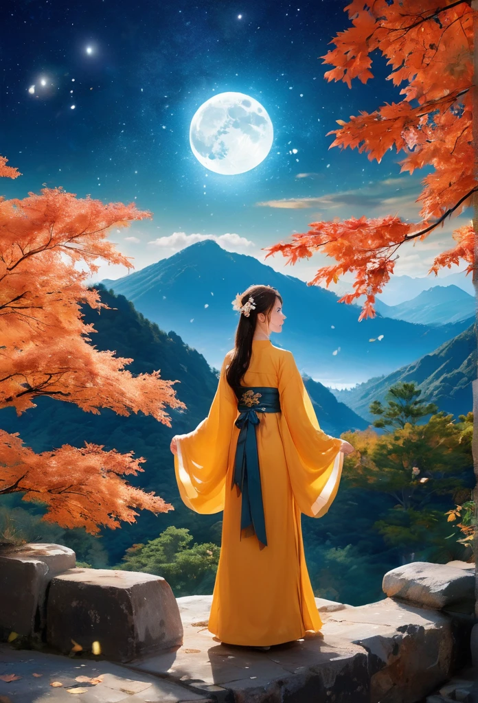 (masterpiece, best quality:1.2), full moon,The Great Moon,moonlight,1girl,Dynamic pose,Girl's posture,autumn leaves,black hair,cloud,constellation,flower,galaxy,lantern,leaf,light particles,long hair,long sleeves,night,Turn your back to the camera, look sideways, full body,Blue Hanfu,Mid to Long Range,Standing on the stone paved path,maple leaf,milky way,mountain,mountainous horizon,nature,night sky,orange flower,outdoors,sky,smile,solo,space,standing,star \(sky\),starry sky,starry sky print,tree,yellow flower,glow,Hazy light,Floodlight,Light effects,Optical particle,Luminous,High brightness contrast,XCYP Lady Hand,