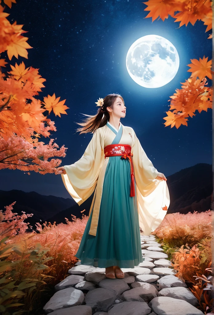 (masterpiece, best quality:1.2), full moon,The Great Moon,moonlight,1girl,Dynamic pose,Girl's posture,autumn leaves,black hair,cloud,constellation,flower,galaxy,lantern,leaf,light particles,long hair,long sleeves,night,Turn your back to the camera, look sideways, full body,Blue Hanfu,Mid to Long Range,Standing on the stone paved path,maple leaf,milky way,mountain,mountainous horizon,nature,night sky,orange flower,outdoors,sky,smile,solo,space,standing,star \(sky\),starry sky,starry sky print,tree,yellow flower,glow,Hazy light,Floodlight,Light effects,Optical particle,Luminous,High brightness contrast,XCYP Lady Hand,