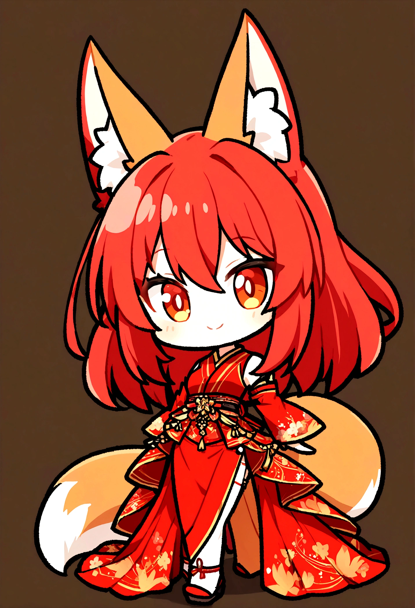 1girl, long red hair, amber eyes, fox ears, fox tail, red kimono, smile, chibi style, simple background