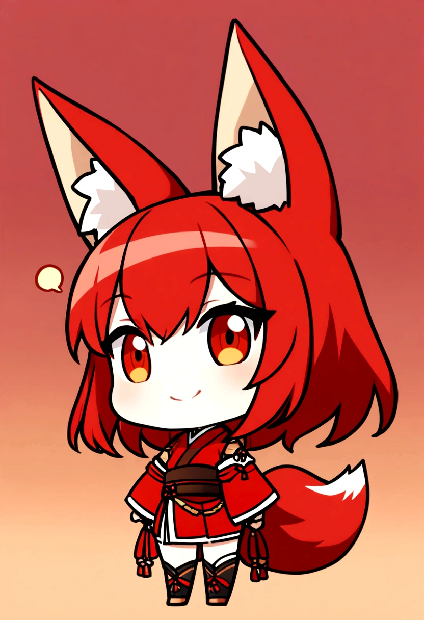 1girl, long red hair, amber eyes, fox ears, fox tail, red kimono, smile, chibi style, simple background