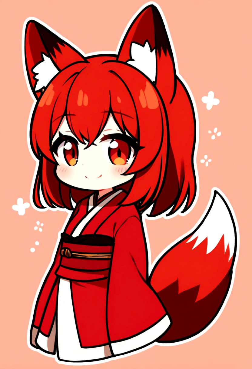 1girl, long red hair, amber eyes, fox ears, fox tail, red kimono, smile, chibi style, simple background