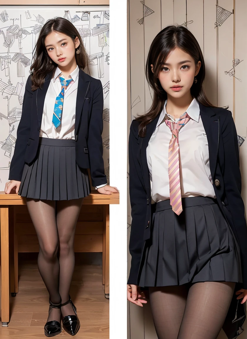 beautiful and delicate girl, very detailed eyes and face, beautiful detailed eyes, huge file size, very detailed, high resolution, very detailed, best quality, masterpiece, (((school classroom)), (((simple blazer))), (((pleated skirt))), (((The skirt and tie pattern are check patterns...:1.3))), very detailed, CG, 8K wallpapers, amazing, fine details, masterpiece, ((best quality)), very detailed CG uniform 8K wallpapers, my face shines, cinematic lighting, 1 woman, 16 years old, (((dynamic pose))), (camel toe), (half), ((pantyhose)), ((Sit with your knees bent and your legs crossed.)), ((whole body)), (((Raise your skirt and expose your panties....:1.4))),