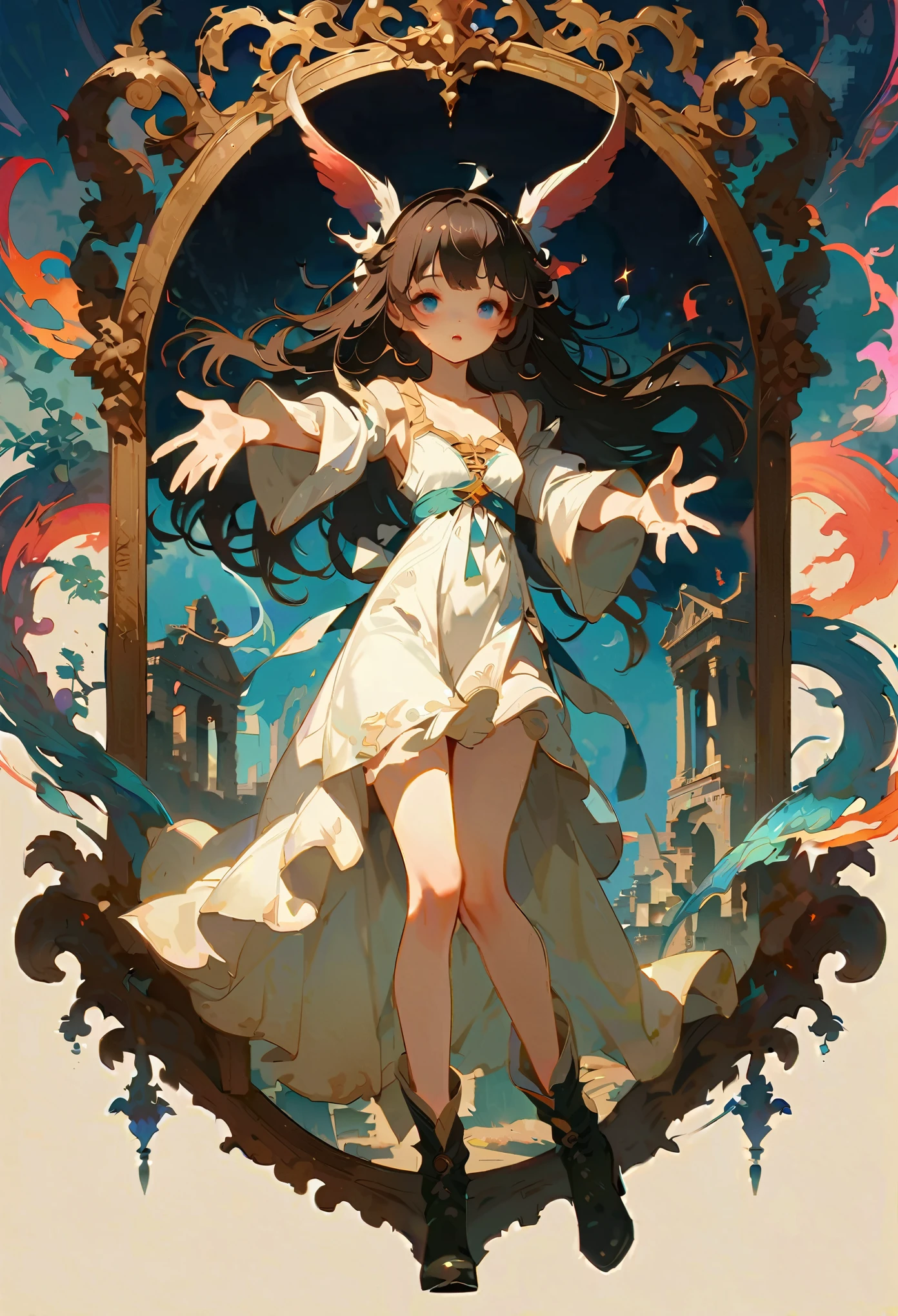 Whole body in the air。Anime Girl，Fantasy，一面时空感的Fantasy的镜子，Ancient architectural scenes，Reaching out to the mirror，Pull the mirror yourself