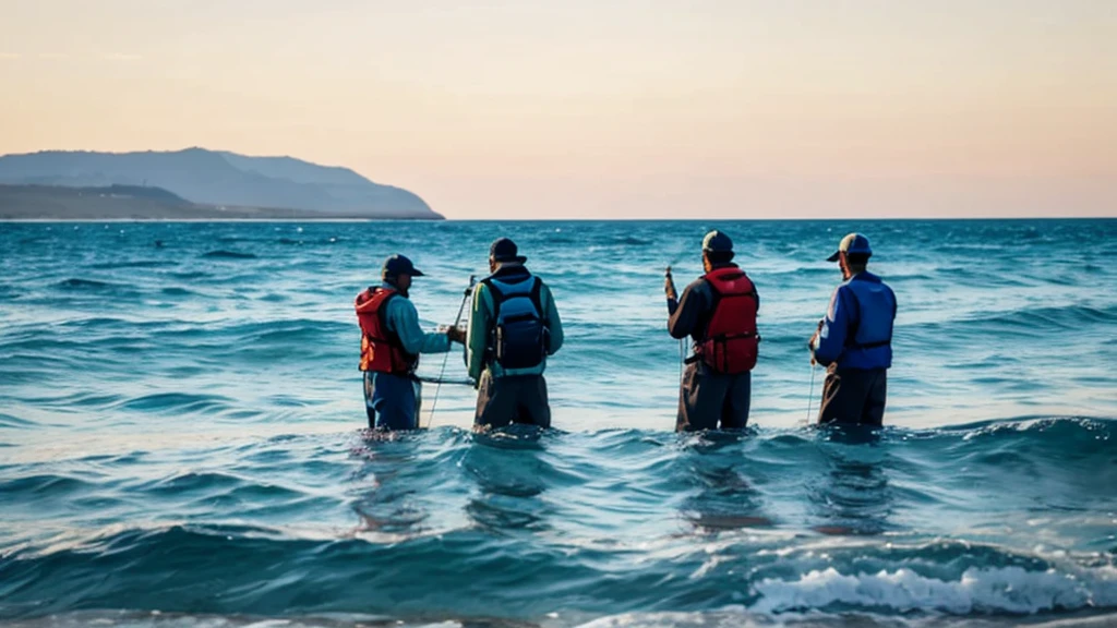 A dozen fishermen，High，Standing in the sea，Fishing in a fan shape