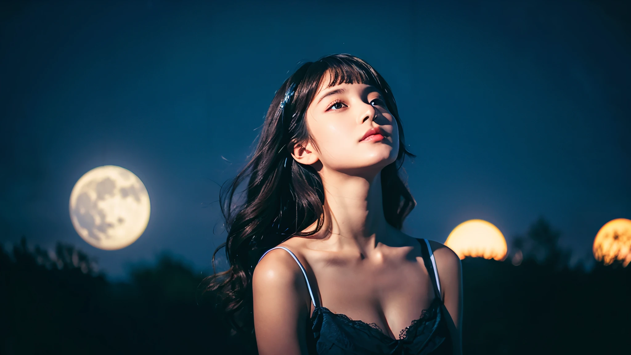 A very cute face like an idol、Looks like a young face、20-year-old female、Gentle and cute、Cleavage、Beautiful moon and starry night、Looking up at the night sky、Moonlight only、(Dark Light)、RAW Photos、Genuine、((Quality indistinguishable from real life))、(Romantic)、(Artistic Expression)、Real Stick、High resolution、masterpiece