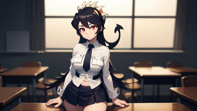 masterpiece, best quality, highres, fskull, navel, red eyes, prehensile hair, extra mouth, , white shirt, necktie, pleated skirt, black thighhighs, zettai ryouiki, cowboy shot, classroom, expressionless, closed mouth, thick thighs, thick ass, highlight thighs, highlight buttocks, cemetery, landscape, pov, at night, rainy night 