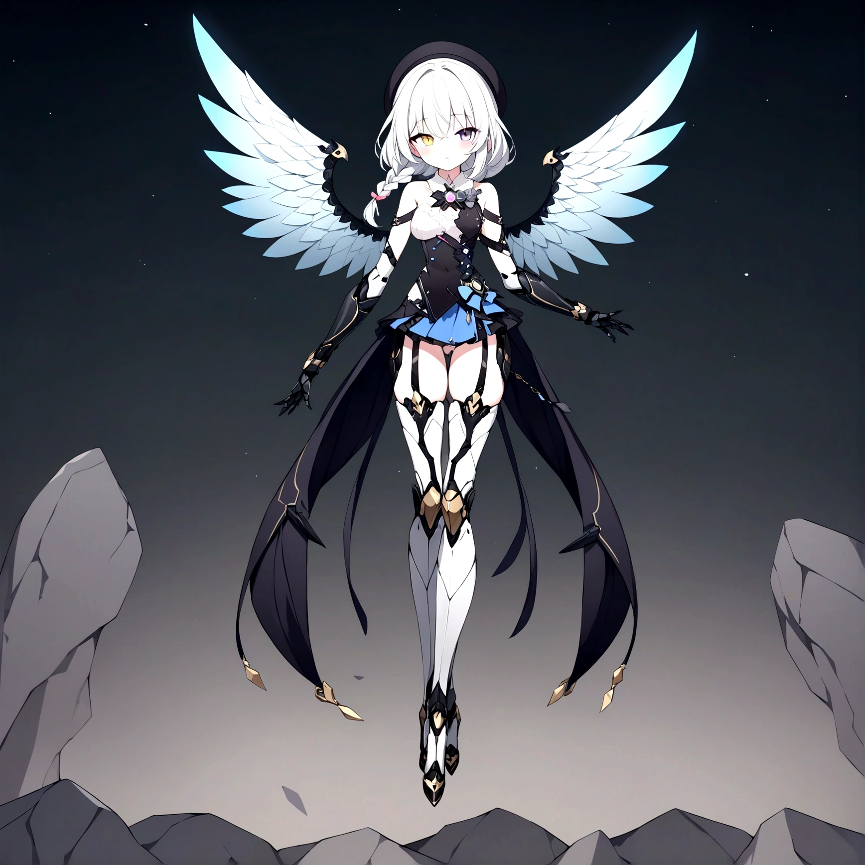 woman 160 cm tall, slim build, . (character design sheet: front view). (Short Wavy Gray Shoulder Length Hair, He has a short braid on the left side of his chest hair.., He has a large lock of hair on the left side of his hair..., She has a moon brooch on the left side of her hair...). She has a black French beret with a crystal star brooch... (heterochromia: Green right eye and yellow left eye..). Intricate One Piece Low Waist Thigh Length Dress, He has an elegant black belt on his hip.., He has a huge and complex rose brooch in the middle of his chest... It has intricate stilettos.. (It has complex mechanical legs that reach up to the thighs..., black with small gray details.). (It has complex black mechanical arms with small gray details..). It has complex mechanical wings on its back that are light blue and white.... Beautiful extremely detailed wings.. beautiful detailed hair, beautiful detailed dress. extremely detailed arms. extremely detailed face, small face, Beautiful detailed eyes, beautiful detailed lips. adorable. extremely detailed legs. (Best Quality, 4k, 8k, high resolution), ultra detailed, Exquisite and epic character art..