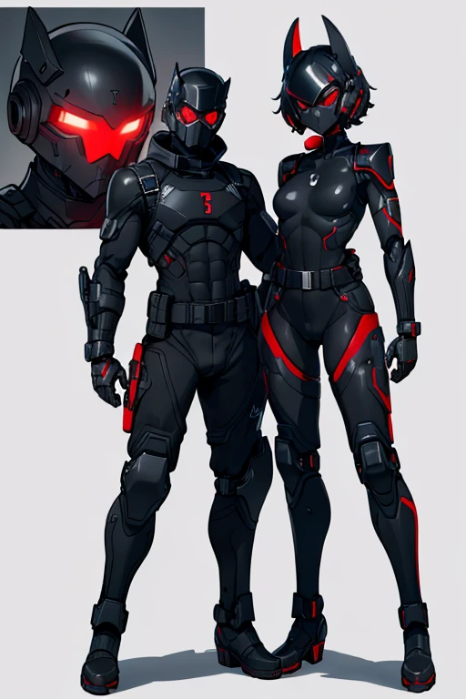 male, red eyes, robot, (((1boyl))), (((black full body tactical bodysuit))), (black gauntlets), (black boots), (black shoulder guards), (black hip guards), (black tactical helmet), (black face mask), (black tactical belt), long legs, muscular
