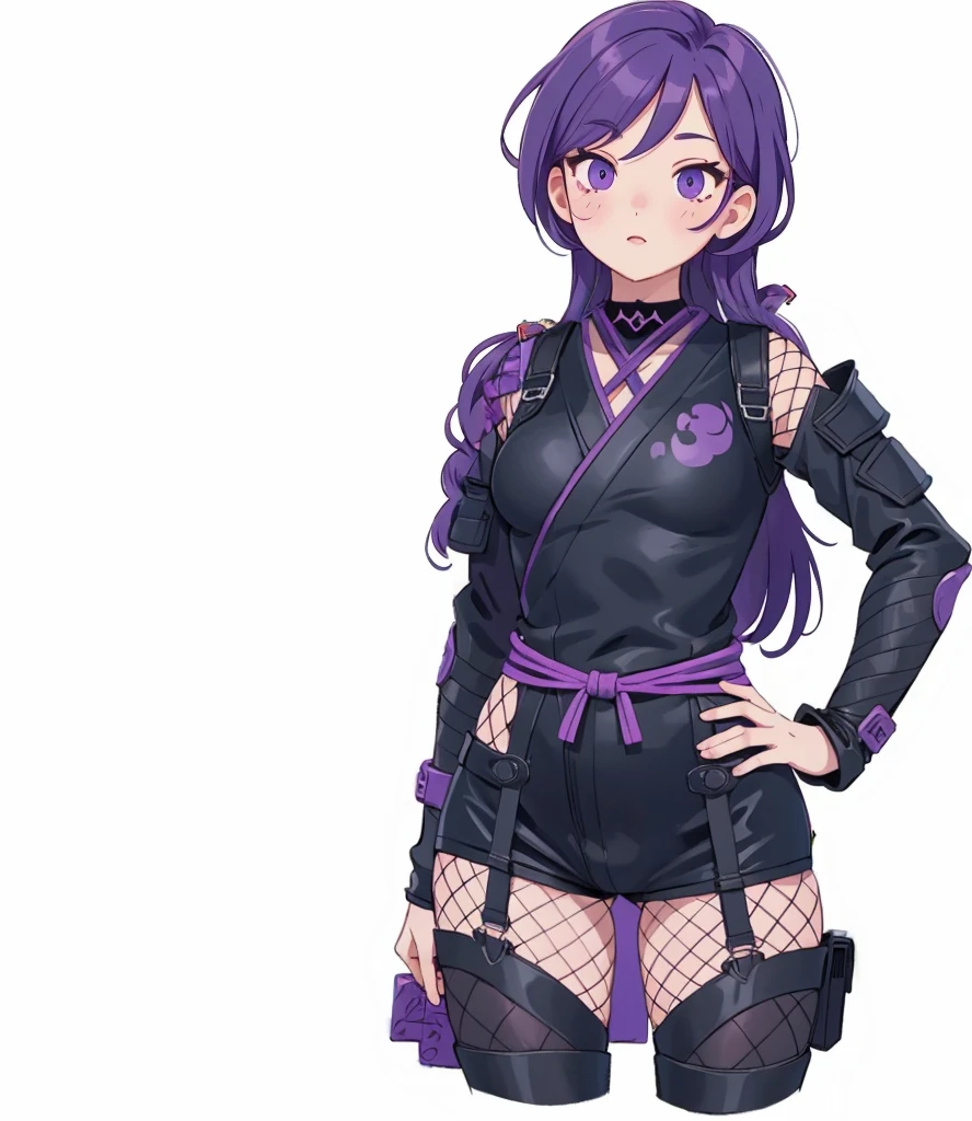 succubus, (black ninja outfit), (black and purple Japanese ninja), demonic, stealth getup, fishnet stockings