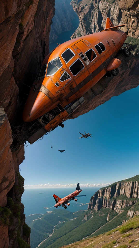 make a very real picture of a rusted crash airplane being stuck alongside a very high cliff, scary scenery, hyper-realistic, 16k
