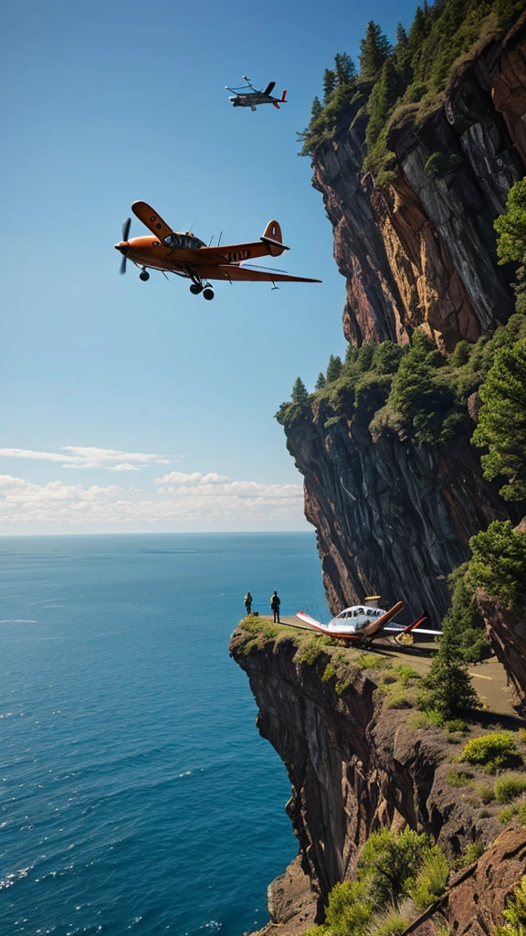 make a very real picture of a rusted crash airplane being stuck alongside a very high cliff, scary scenery, hyper-realistic, 16k