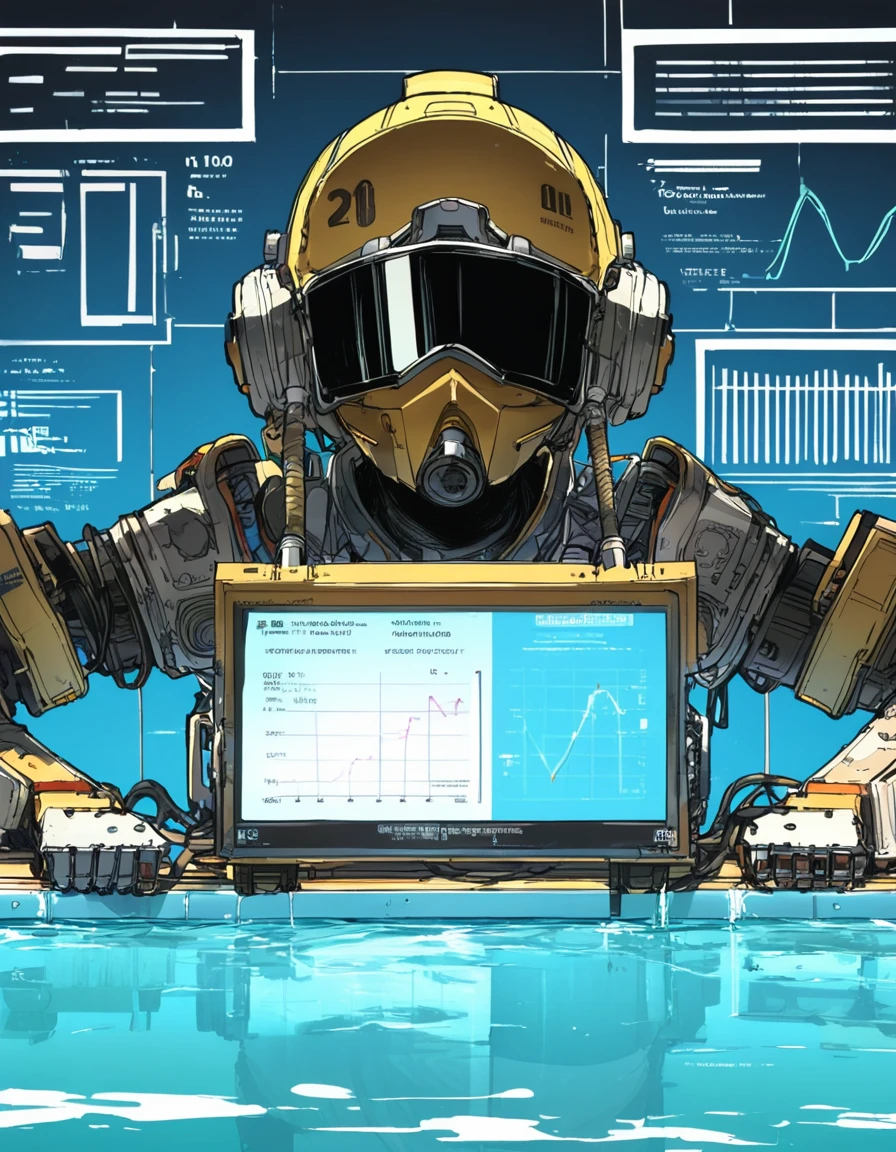 extremely clear 8K wallpaper, extremely delicate and detailed face:1.3, absurdres, masterpiece, by Posuka Demizu, 1android girl is lying on maintenance pool with tubes and mechanical arms., asymmetrical short hair, She is wearing full face helmet covering her face., Her helmet's display shows her some information with graphs and bars.,