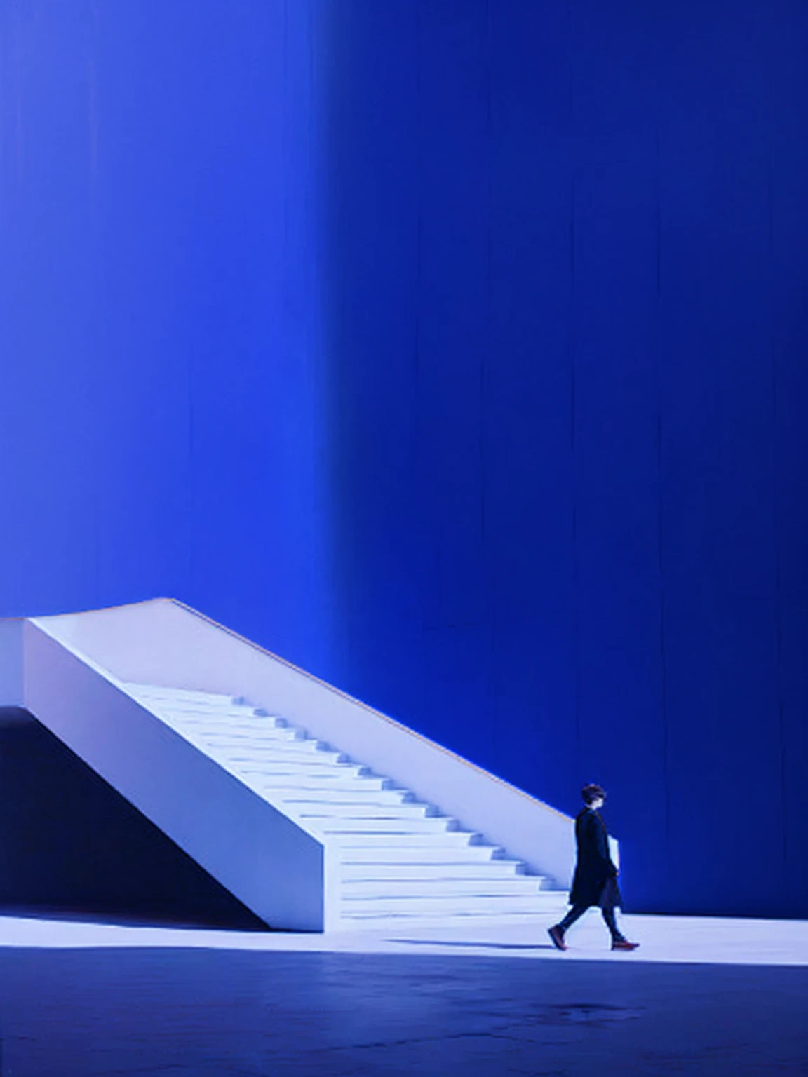 阿拉夫男子在blue房间内走下楼梯, blue wall, dominant wihte and blue, Clemens Asher, 白色和blue, blue色调, blue调, blue walls, author:Tadanari Ono, blue色调, blue大气, 深blue阴影, blue心情, blue白色, blue, rise
