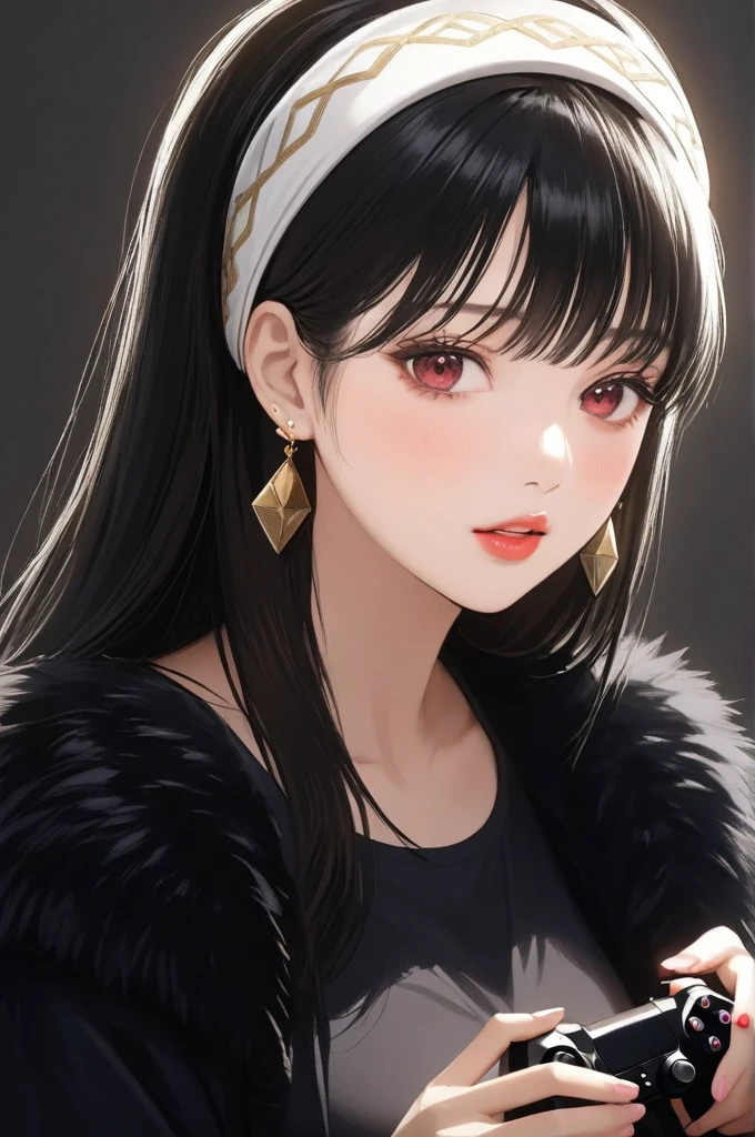 (8k, RAW Photos, Superior quality, Masterpiece: 1.2), (realist, photorealist: 1.37), (high quality), (Ultra realist), (High details), (face detail), (shadow detail), 1 girl, (mature woman), mqmf, Alone, Red eyes, black fur, gold earrings, wide, White headband, pink lips, blush, (ultra detailed face), Game Controller Print Shirt, long legs, sincere, yor briar, cheered up, (Hand detailed), FingersDetailed