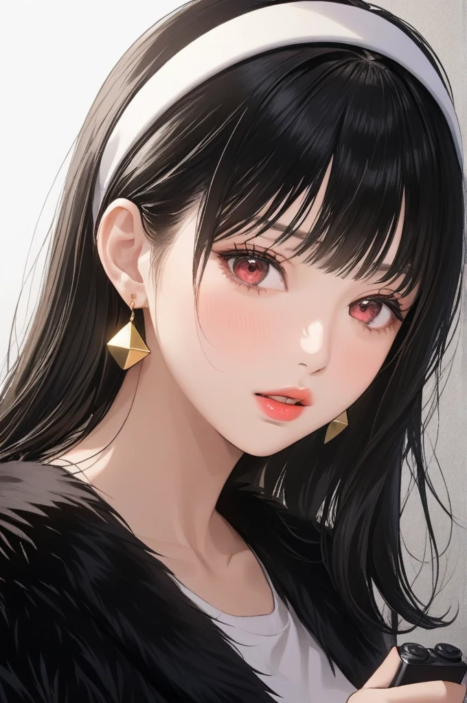 (8k, RAW Photos, Superior quality, Masterpiece: 1.2), (realist, photorealist: 1.37), (high quality), (Ultra realist), (High details), (face detail), (shadow detail),  1 girl, (mature woman), mqmf, Alone, Red eyes, black fur, gold earrings, wide, White headband, pink lips, blush, (ultra detailed face), Game Controller Print Shirt, long legs, sincere, yor briar, cheered up, (Hand detailed), FingersDetailed