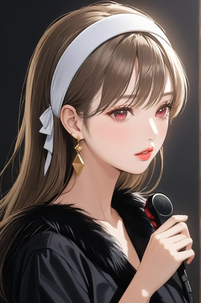 (8k, RAW Photos, Superior quality, Masterpiece: 1.2), (realist, photorealist: 1.37), (high quality), (Ultra realist), (High details), (face detail), (shadow detail),  1 girl, (mature woman), mqmf, Alone, Red eyes, black fur, gold earrings, wide, White headband, pink lips, blush, (ultra detailed face), Game Controller Print Shirt, long legs, sincere, yor briar, cheered up, (Hand detailed), FingersDetailed