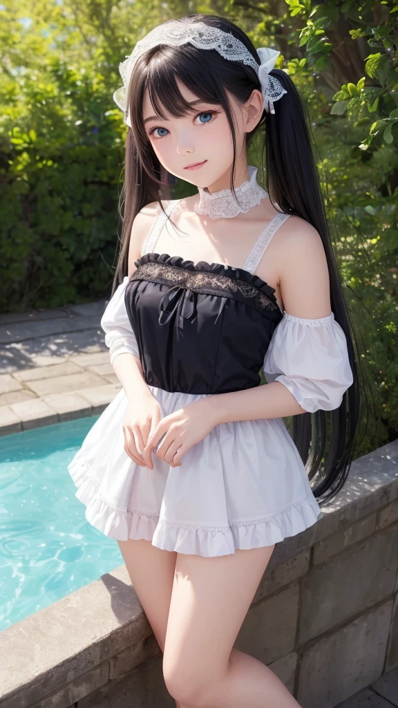 ((masterpiece)), ((highest quality、Ultra high definition)), (Very detailed),8K、Photo quality、((Amazingly cute girl)),(((-yeld gi)), Two people, , (Beautiful emerald blue eyes), ((smile)),In the open-air bath overlooking the sea, Beautifully arranged black hair in twin tails、whole body、Cute lolita maid style swimsuit))、Professional Lighting、(White lace knee-highore detailed and beautiful)、(More details and cutenesore realistic)、(((Just wear light clothing)))、プールではしゃぐ、