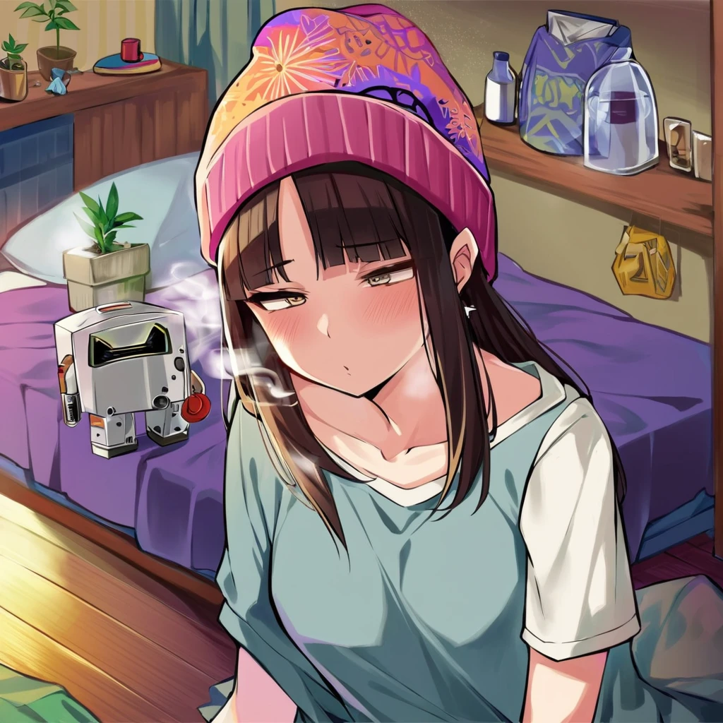 Adult female, robot, messy neck-length brown hair, indifferent, apathetic, hippie, beanie, baggy hipster clothing, sunken eyes, brown irises, hippie bedroom, one feather earing, smoking ?????????, highly detailed, best detail, high quality, perfect ???????, perfect hands, perfect eyes