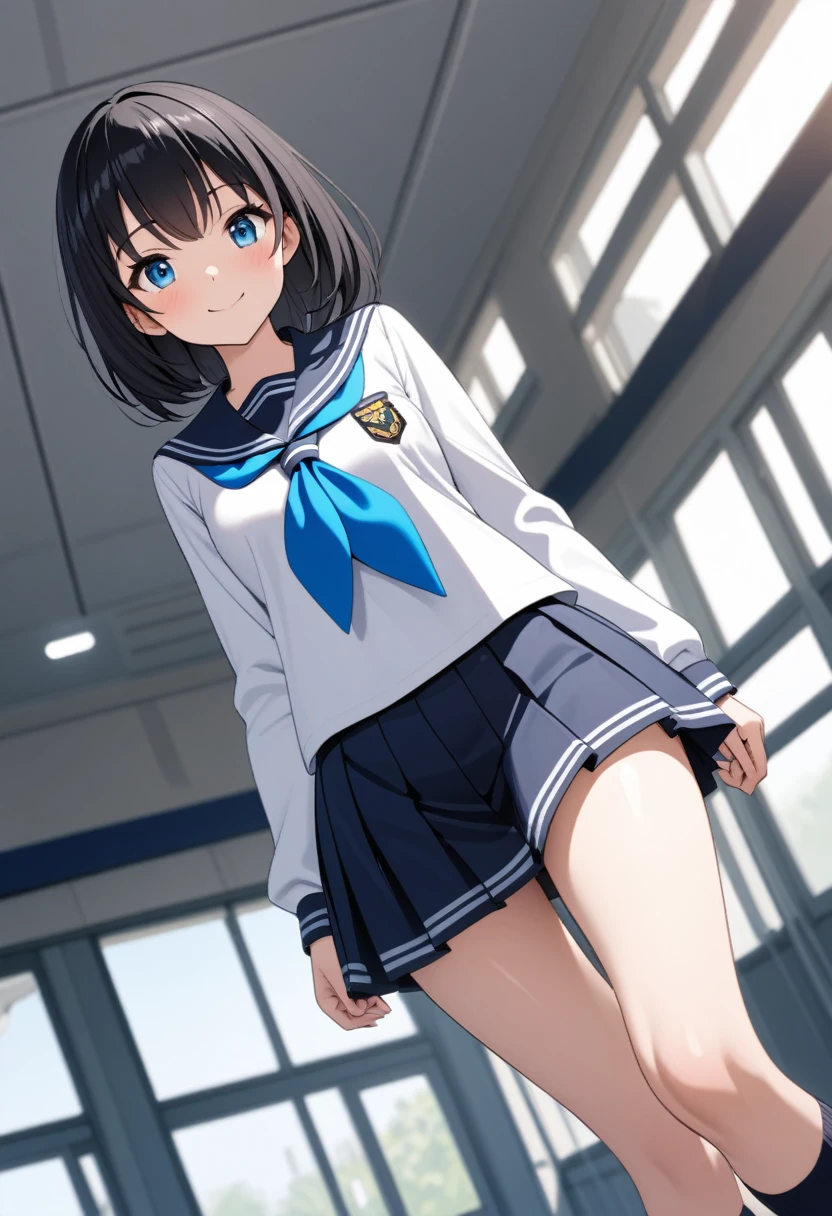 photo of sexy 1girl, tall,leggy,smile,standing in neat rows, in the school gymnasium, wearing white (basic school sailor uniform), long sleeve, blue sailor collar, shiny blue tie pleated blue_mini_skirt, beautiful eyes, shiny black hair,navy short socks, full body shot, closeup shot, from front, from below, dutch angle shot, wide view,