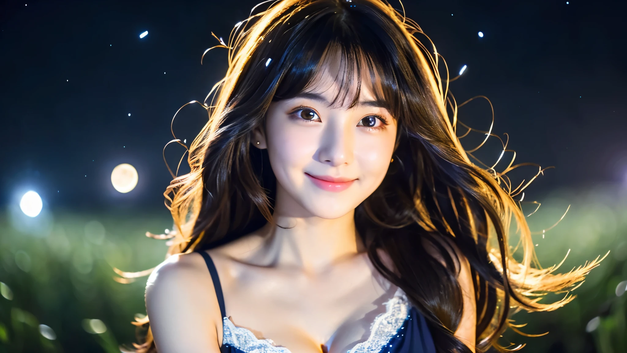 A very cute face like an idol、Looks like a young face、Only one 20-year-old woman、Gentle and cute、Cleavage、Beautiful starry night、((The only light is from the moon))、(((Don't shine your face)))、(Dark Light)、RAW Photos、Genuine、((Quality indistinguishable from real life))、(Artistic Expression)、Real Stick、High resolution、masterpiece