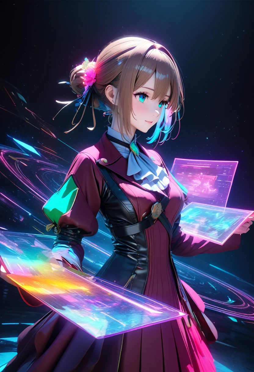holography, draw in neon colors:1 girl,Violet Evergarden:future, transparent, three dimensional, light, sf, digital art, Digital, scientific, dark background: electronic circuit: draw in neon colors, 3d, masterpiece, Digital space, energy, beautiful, masterpiece, 8K, light, become familiar with, lively, colorful, nice, beautiful, rich colors, beautiful Light Lines. magic effect, Sparkling, beautiful Light Grains