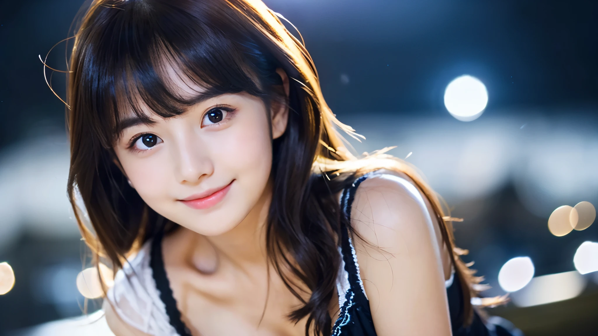 A very cute face like an idol、Looks like a young face、Only one 20-year-old woman、Gentle and cute、Cleavage、Beautiful starry night、((The only light is from the moon))、(((Don't shine your face)))、(Dark Light)、RAW Photos、Genuine、((Quality indistinguishable from real life))、(Artistic Expression)、Real Stick、High resolution、masterpiece