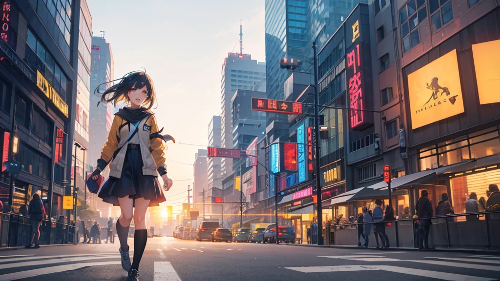 An anime girl walking confidently through a bustling city street at sunrise, holding a guitar case in one hand. She is wearing a casual yet stylish outfit, with a joyful and determined expression on her face. Her hair flows gently in the morning breeze as she moves through the cityscape. The background features tall buildings, neon signs, and the vibrant energy of the city coming to life. The streets are filled with the first light of dawn, casting a warm, golden hue over everything, symbolizing new beginnings and endless possibilities. The girl is surrounded by the hustle and bustle of city life, yet she stands out with her unique presence and pion. The atmosphere is filled with a sense of excitement, adventure, and the thrill of chasing dreams, with dynamic lighting highlighting her journey. The overall mood is one of resilience, frend the unstoppable pursuit of dreams in an urban environment.
