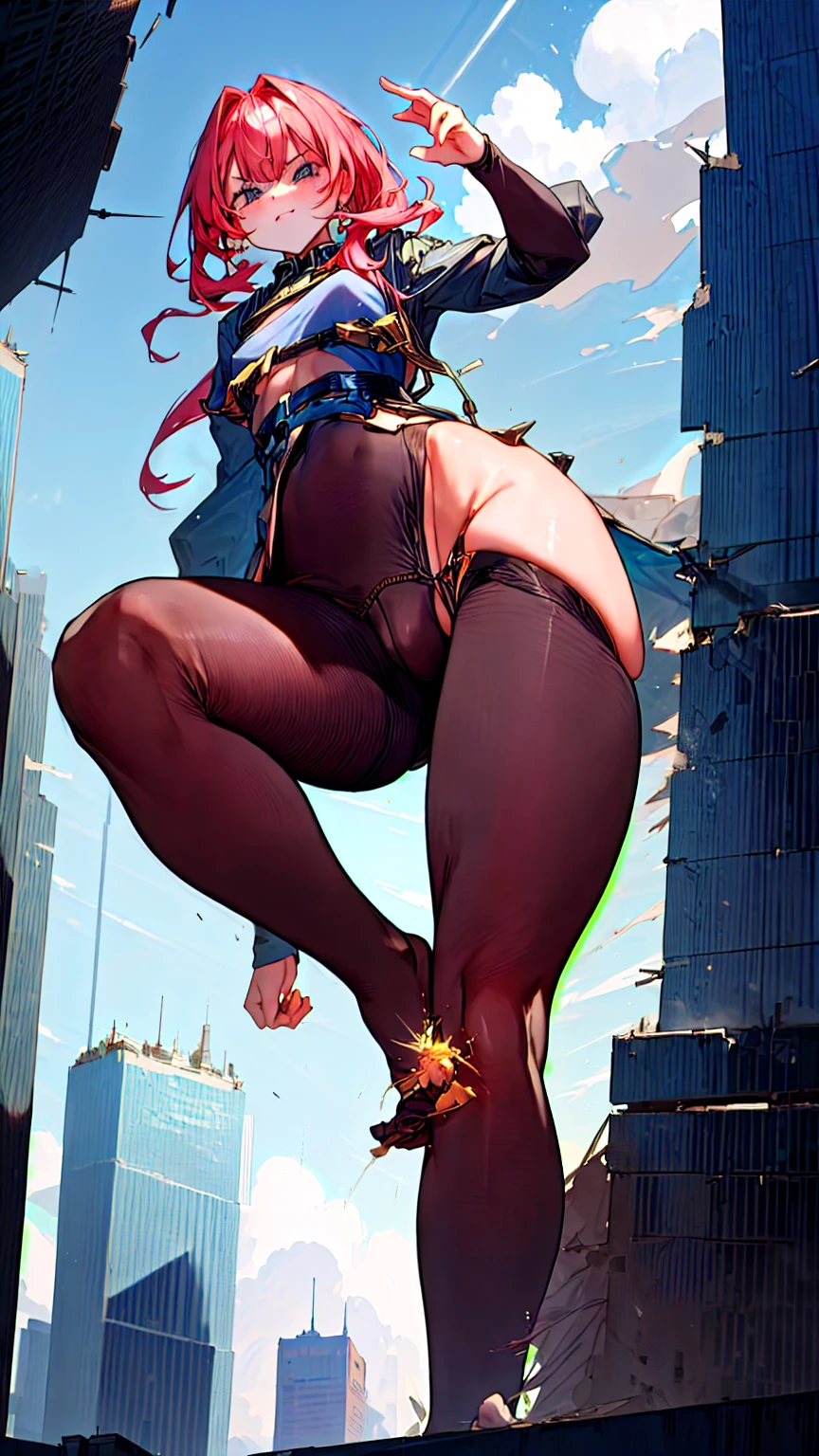 Giantess in the city, watching a tiny human as he destroys the city around him