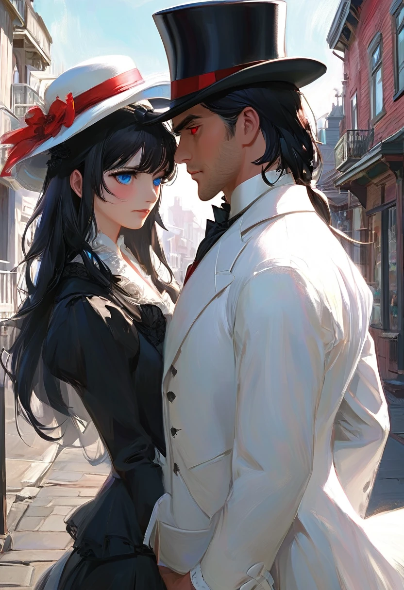 A man with short black hair parted to the side, blue eyes and a serious face together with a woman. The red eyes, the white hat, the long hair and bangs and a friendly face that he sees the two of them walking around in an old Victorian area, a heel in each other. The man is supposed to wear a suit and the woman is supposed to wear a dress.