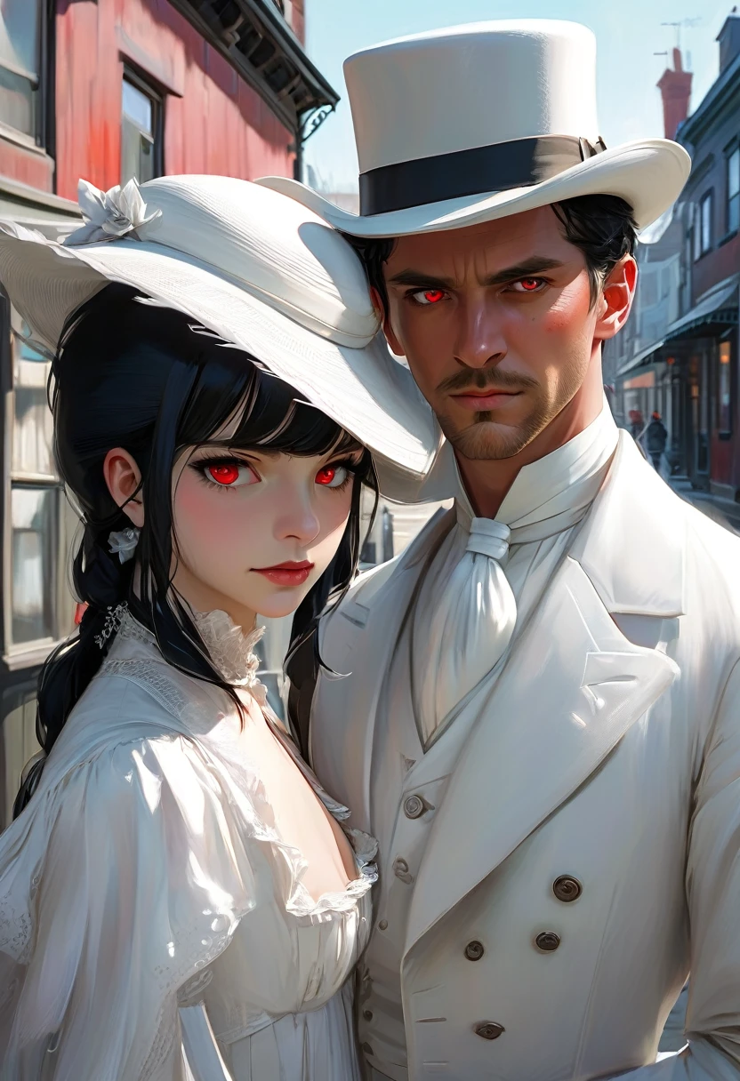 A man with short black hair parted to the side, blue eyes and a serious face together with a woman. The red eyes, the white hat, the long hair and bangs and a friendly face that he sees the two of them walking around in an old Victorian area, a heel in each other. The man is supposed to wear a suit and the woman is supposed to wear a dress.