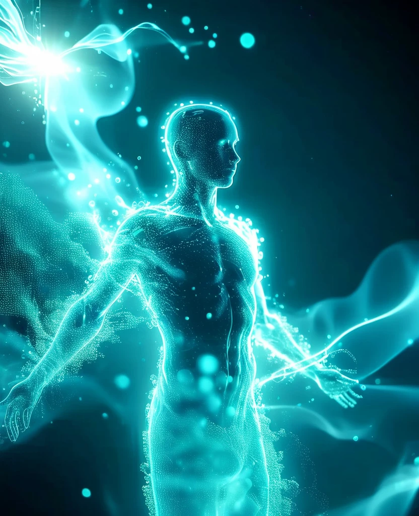 Particle-based cinematic visualization: a glowing translucent fluorescent, minimal Outline of a human dissolving and disappearing into particles, cyan and sky blue, Dynamic forces, constraints, physics simulations refine positions, front view, Glow particle, Optical Flares, post effect, style of sublime light effect