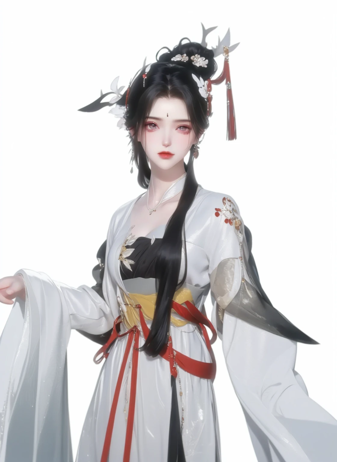 (best quality,masterpiece:1.2),Ultra-high resolution,Realistically,Front lighting,Intricate details,Exquisite details and textures,(1 girl),Solitary,Upper Body,Purple Hanfu,好漂亮的big eyes,Purple dress,Petal decoration,Pretty Face,For the audience,Ribbon,gossamer,(young),Facial highlights,Detailed production,Tear mole,White skin,Silver Hair,High Ponytail,Looking at the audience,big eyes,(Hollow pattern),Ear nipple rings,fit,White background,Right hand,Professional lighting,Photon Mapping,Radio City,Physically Based Rendering