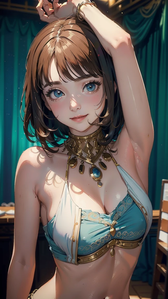 ((Masterpiece)),(Best Quality),((ultra-detailed)), (beautiful detailed face), depth of field,detailed,((beautiful detailed eyes)), very small , niloudef, portrait 3:4, belly dance pose, sensual, seductive. Theater stage background. smiling.