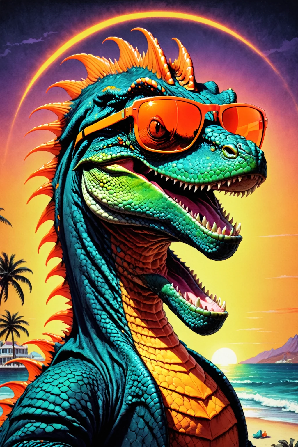 Vintage ink,Mysterious Creatures, basilisk,  Neon Orange, Dinosaur wearing sunglasses at the seaside