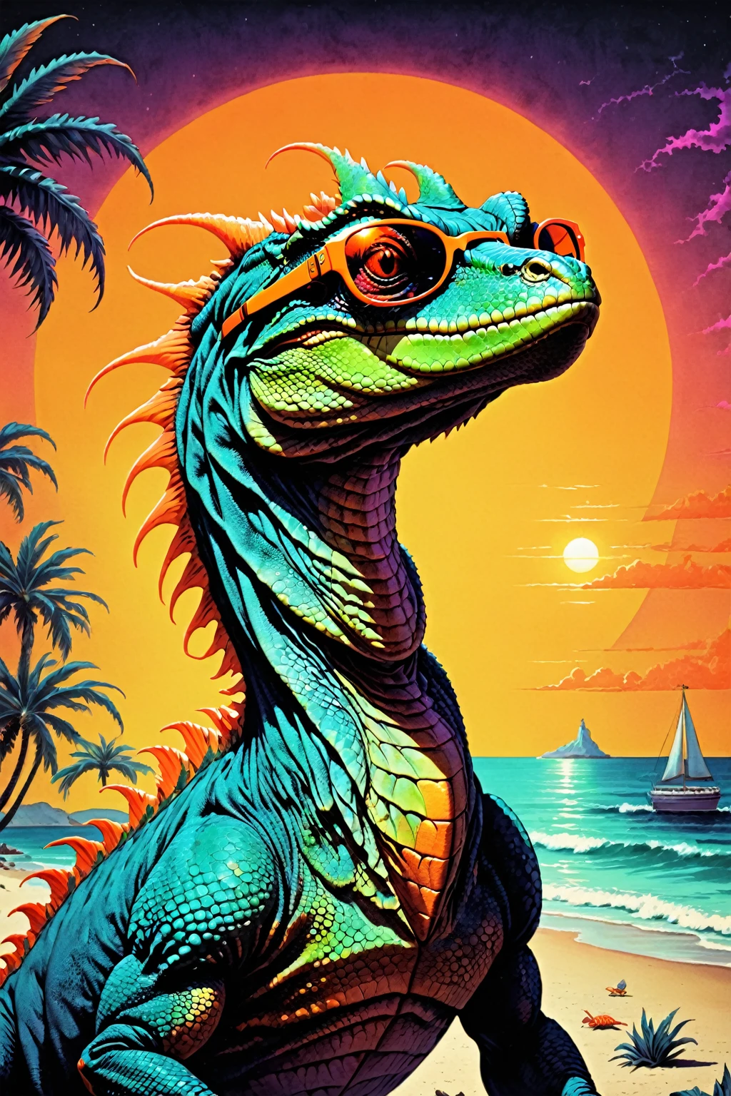 Vintage ink,Mysterious Creatures, basilisk,  Neon Orange, Dinosaur wearing sunglasses at the seaside