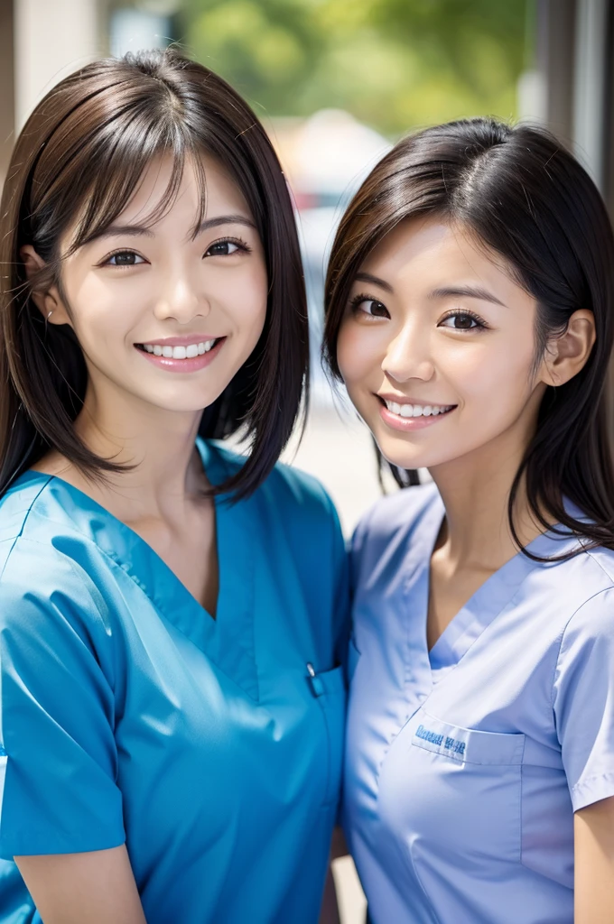 Dental hygienist, only two women　Side by side, smiling, wearing white medical scrubs, short sleeves, cute, Japanese, black hair, women in their early 20s　Upper body close-up　high resolution　Highest quality　Don&#39;t press your face too much
