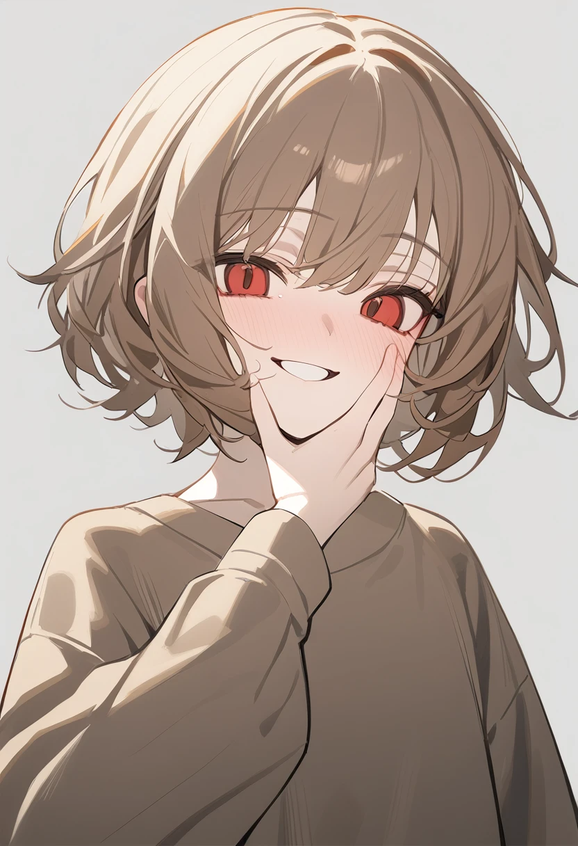 1 girl, alone, adolescent, brown fur, broad, short tousled hair, Red eyes, large eyes, big open smile, stoic, standing, (long shirt only), (Gray background, simple background), Upper part of the body, Masterpiece, Best Quality, dynamic angle, hand on his face, Flushed face, wound, with dark circles