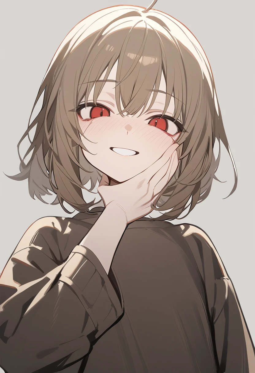 1 girl, alone, adolescent, brown fur, broad, short tousled hair, Red eyes, large eyes, big open smile, stoic, standing, (long shirt only), (Gray background, simple background), Upper part of the body, Masterpiece, Best Quality, dynamic angle, hand on his face, Flushed face, wound, with dark circles