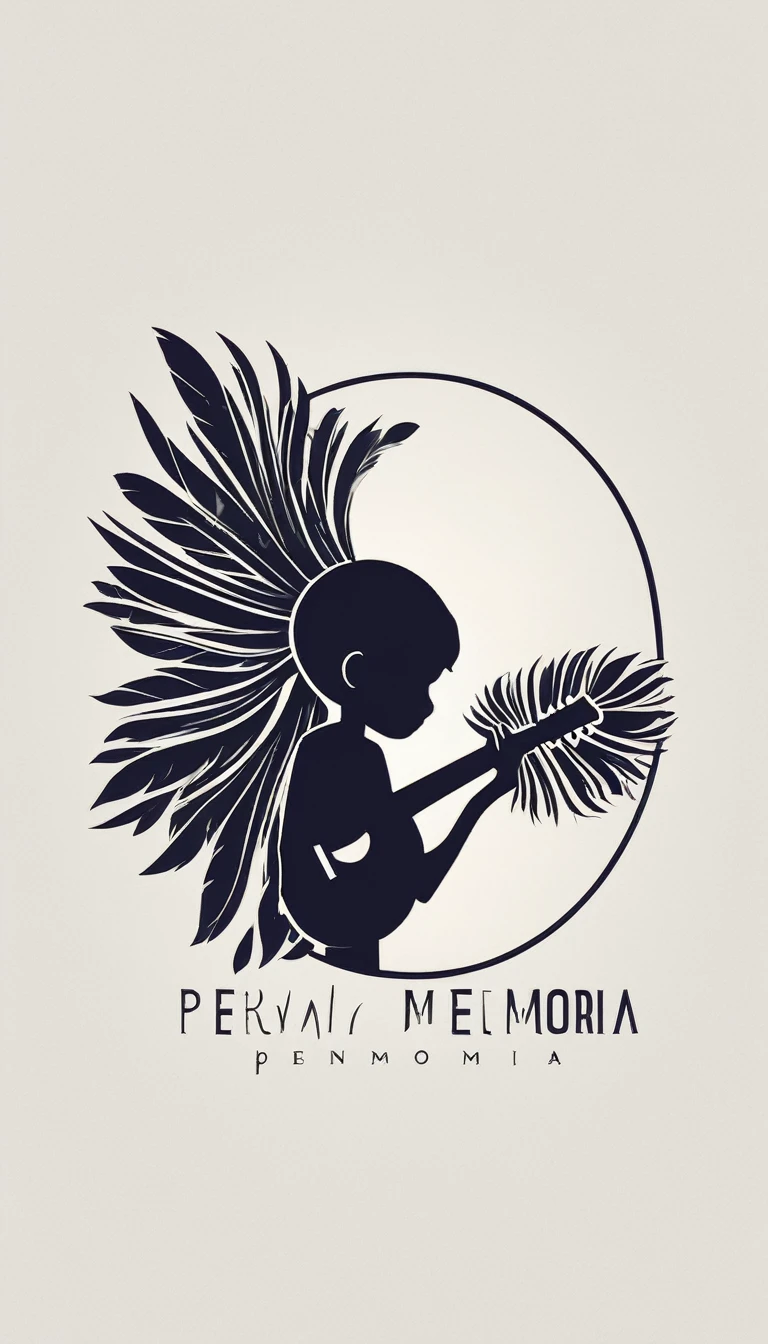 A minimal, modern, simple, cinematic logo design for the brand “Penamemoria". The logo design of a boy with a head of a feather playing acoustic guitar. The logo must convey a sense of music, stories and dreams. Minimalistic logo design of a boy dissolving into a feather of dreams and memories