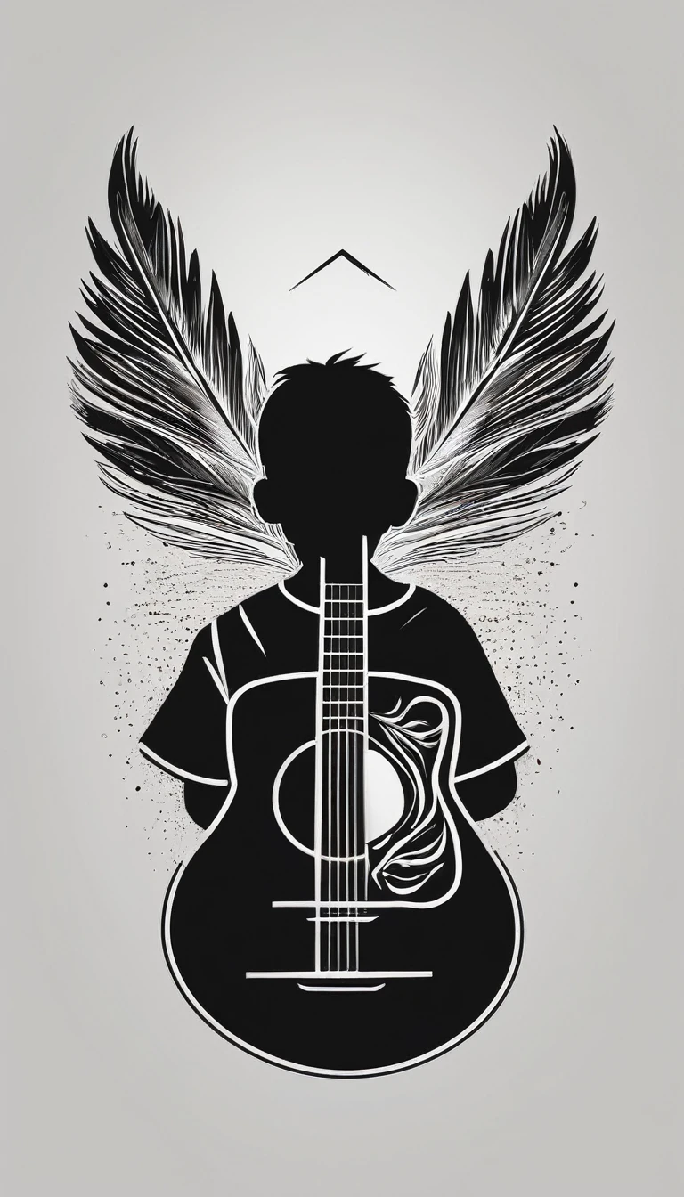 A minimal, modern, simple, cinematic logo design for the brand “Penamemoria". The logo design of a boy with a head of a feather playing acoustic guitar. The logo must convey a sense of music, stories and dreams. Minimalistic logo design of a boy dissolving into a feather of dreams and memories