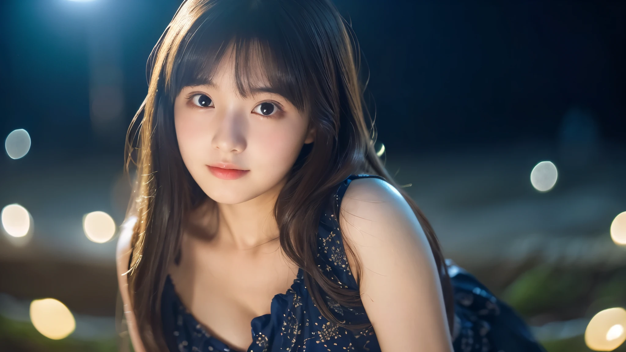 A very cute face like an idol、Looks like a young face、Only one 20-year-old woman、Gentle and cute、Cleavage、Beautiful starry night、((The only light is from the moon))、(((Cinema Lighting)))、(Dark Light)、RAW Photos、Genuine、((Quality indistinguishable from real life))、(Artistic Expression)、Real Stick、High resolution、masterpiece