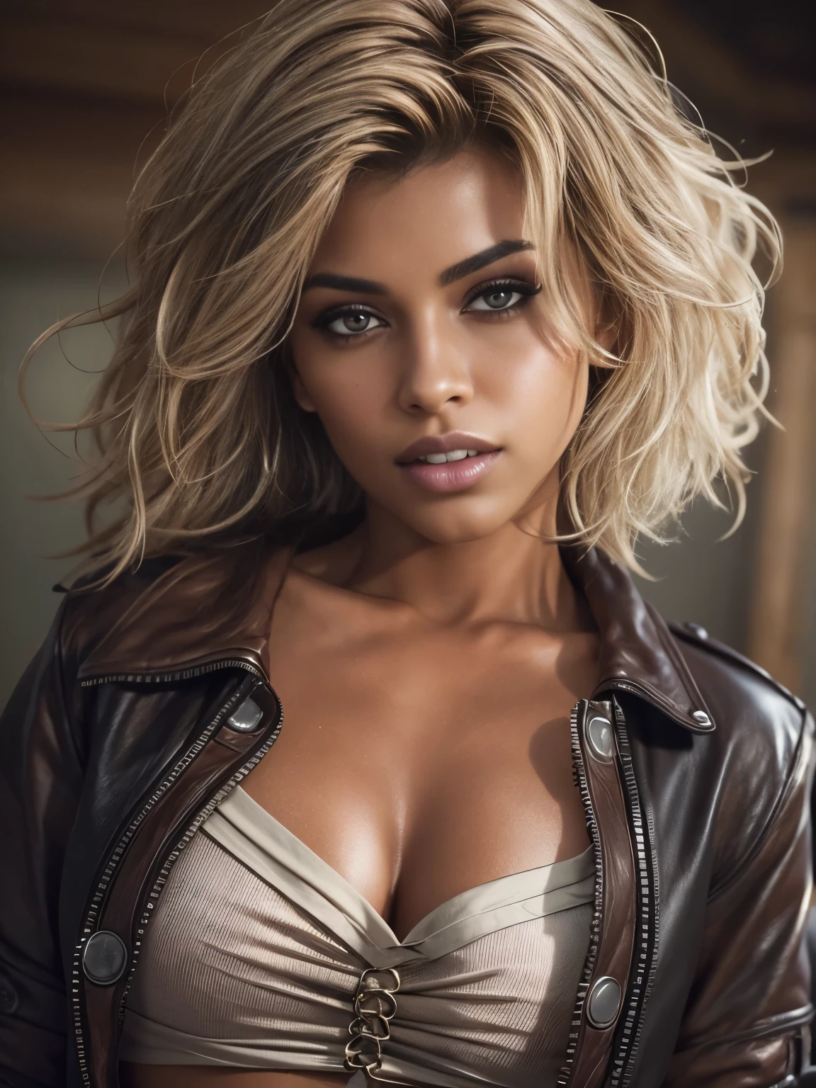 (best quality:1.6), (masterpiece:1.2), (realistic:1.4), 1girl, gothic eye makeup, (((dark brown well tanned skin))), (well toned abs), (((knees up))), light blonde hair, messy short hair, hair over one eye, front open shirt, unbuttoned to the belly, no bra, oversized white shirt, open chest clothing, open front, open shirt, white shirt with wide open chest, open chest wide, mahogany colored skin, Dark black eyeshadow with a gorgeous gothic feel, front open-ed, handsome face, bronze skin, asymmetrical hair, sitting, (open legs), ((Toothy smile)), exposes her beautiful teeth, crazy smile, parted lip, open her mouth, light blonde hair, Detailed drawing, perfect anatomy, (High Resolution), (high detailed skin), ((top-quality)), ((High Definition)), high quality shadow, mostly cloudy sky, detailed background, ((Unbeatable masterpiece)), Maximum clarity and sharpness, Multi-layer Textures, Post-Processing, Anisotropic Filtering, octane render, two-tone lighting, professional photography, Realistic portrait, White balance, Long Exposure, Low ISO, 8K RAW, perfect hands, detailed fingers, Ray Tracing, Depth of Field, (((Photorealistic))), anatomically correct, (((Best Quality))), (((Super Detail))), (((UHD)))