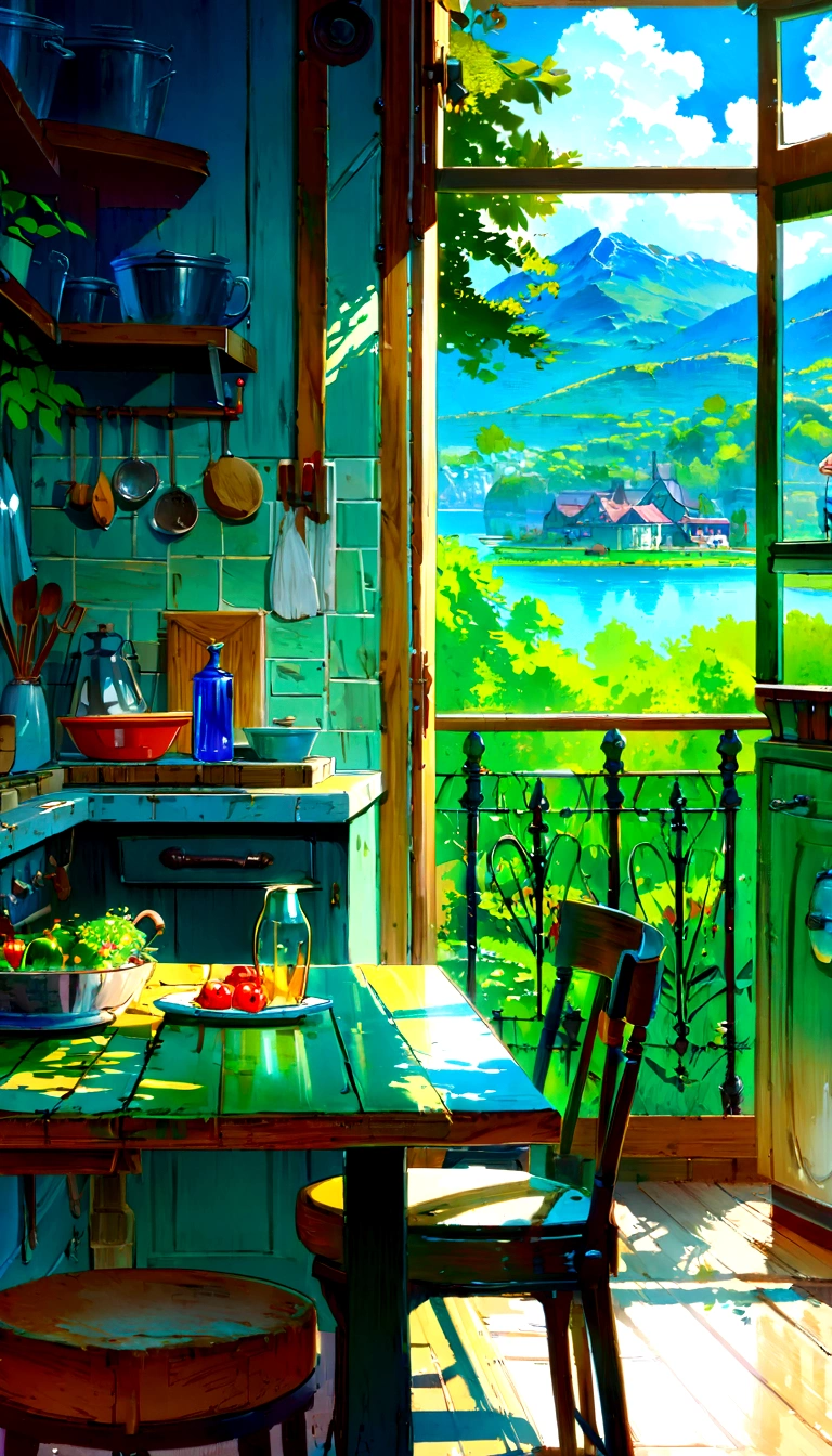 painting of a kitchen with a table and chairs and a view of a lake, detailed scenery —width 672, house kitchen on a sunny day, detailed painting 4 k, beautiful detailed scene, immensely detailed scene, detailed scenery, anime background art, studio ghibli sunlight, studio ghibli art style, by Bencho Obreshkov, highly detailed scene