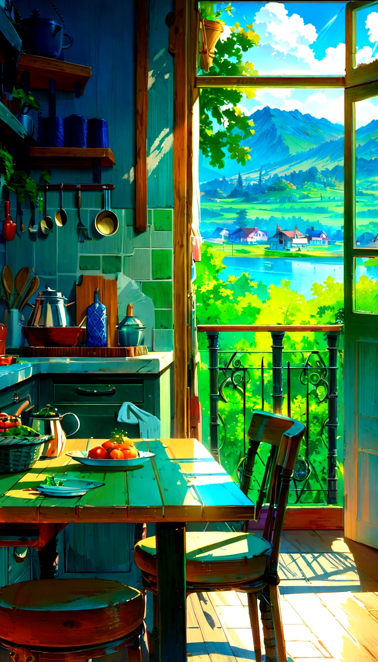 painting of a kitchen with a table and chairs and a view of a lake, detailed scenery —width 672, house kitchen on a sunny day, detailed painting 4 k, beautiful detailed scene, immensely detailed scene, detailed scenery, anime background art, studio ghibli sunlight, studio ghibli art style, by Bencho Obreshkov, highly detailed scene