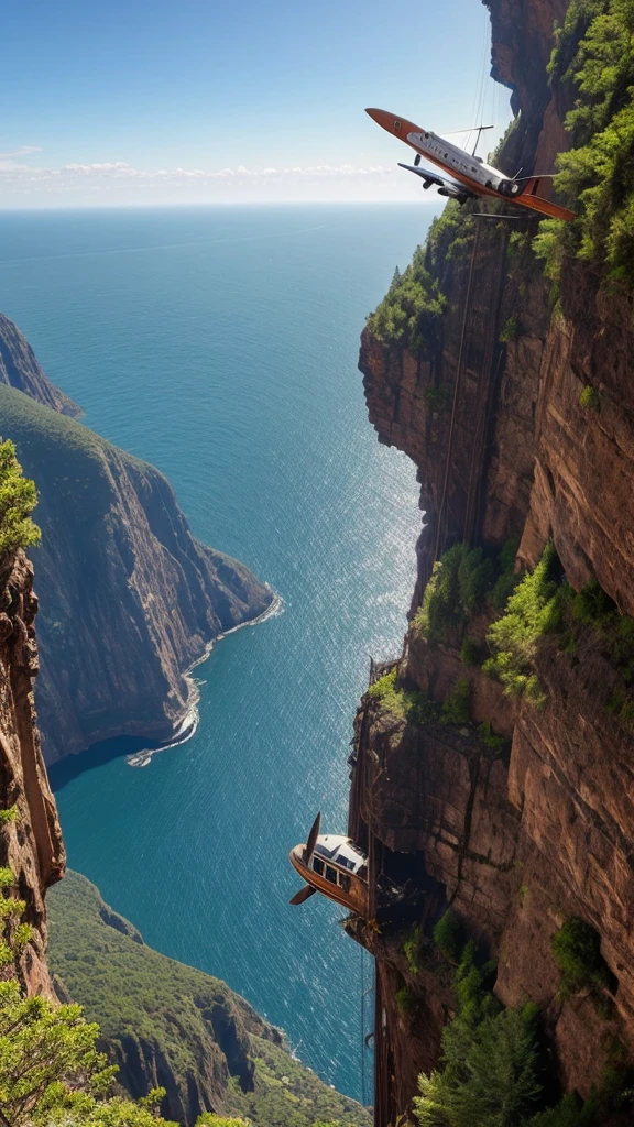 make a very real picture of a rusted crash airplane being stuck alongside a very high cliff, scary scenery, hyper-realistic, 16k